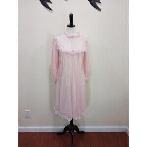 Vintage 1950s Pink Chiffon Nightgown With Lace Trim - M